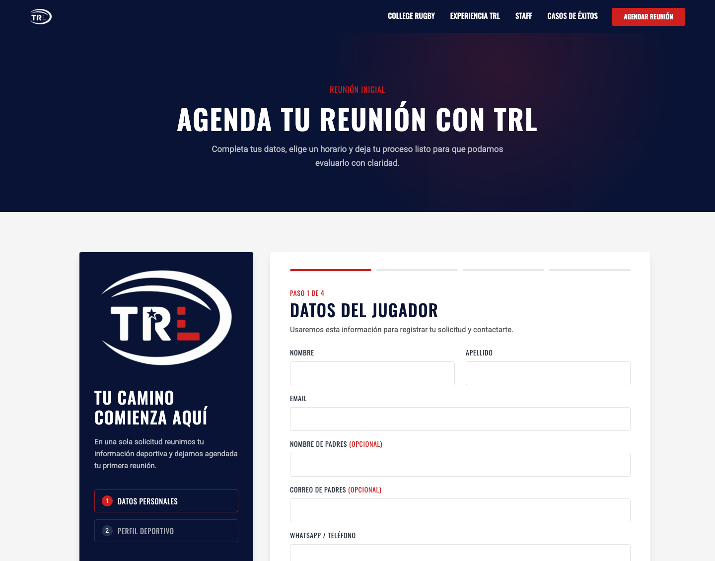 Página de agendamiento de The Rugby Link